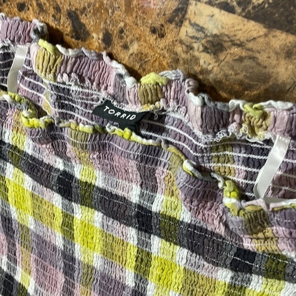 TORRID 5 MULTI PLAID SMOCKED OFF SHOULDER PEPLUM TOP - Picture 8 of 9